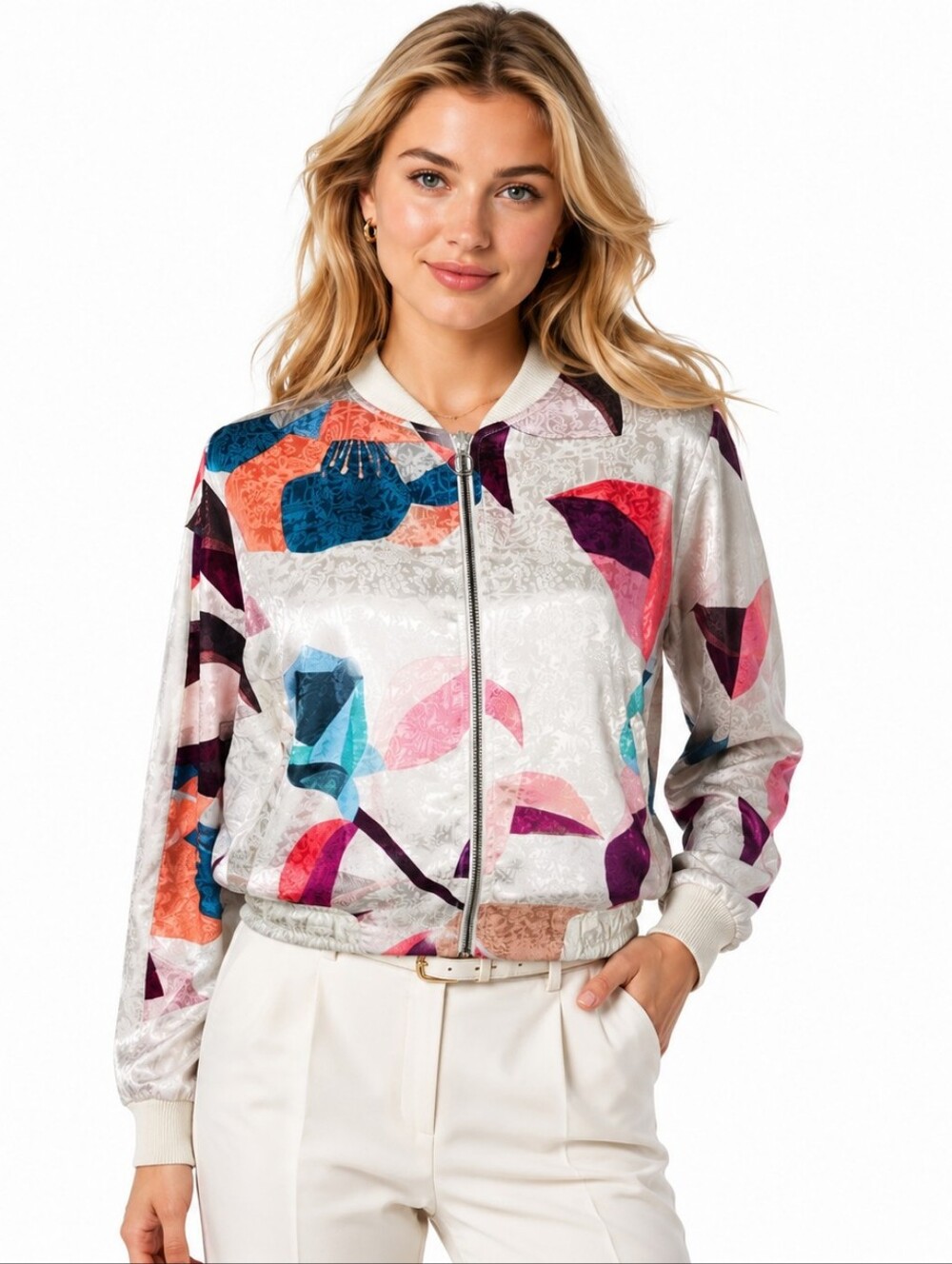 Anthropologie Elevenses Abstract‎ Satin Bomber Jacket S Full Zip Preppy Artsy